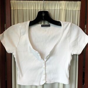 Brandy Melville White Ribbed Cropped Top With Buttons Short Sleeve Small